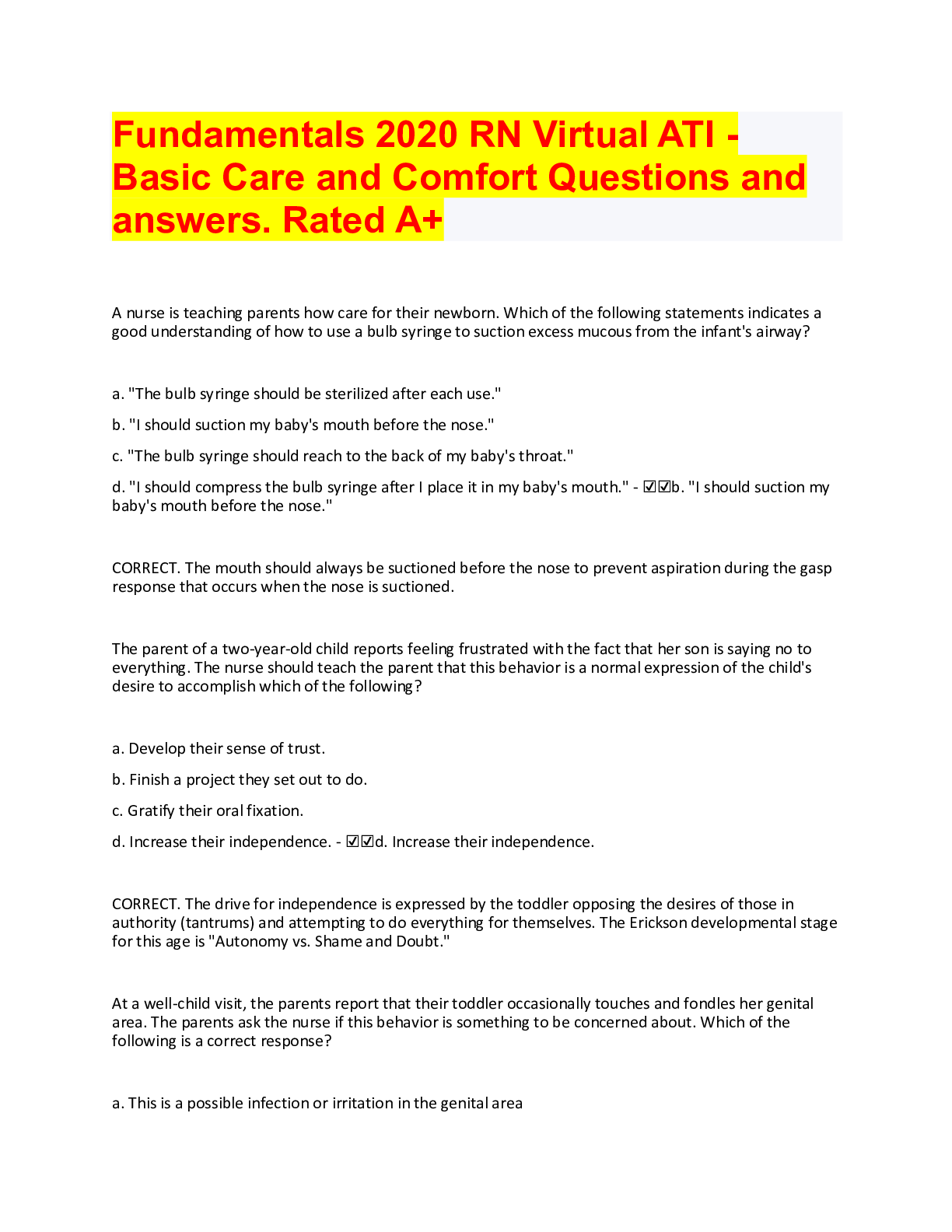 Fundamentals 2020 RN Virtual ATI Basic Care and Comfort Questions and